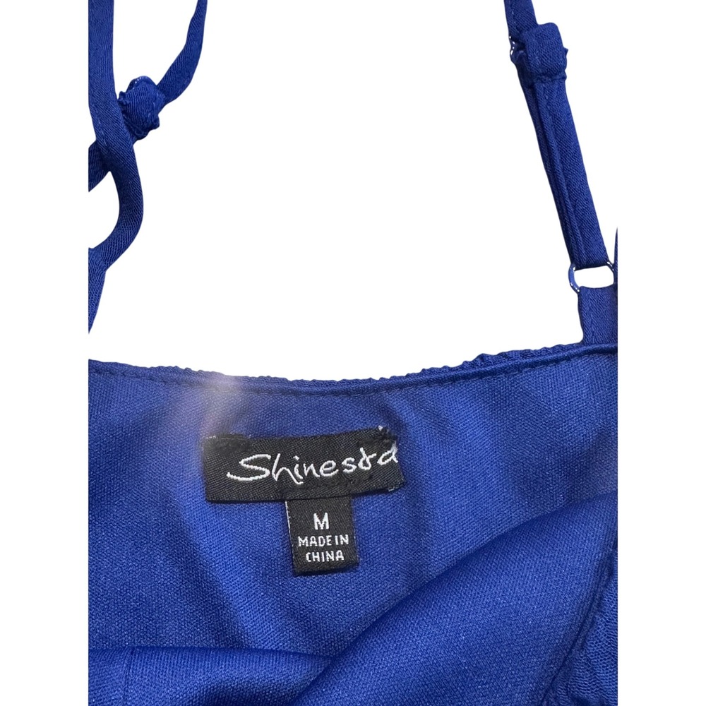 Shinestar Royal Blue Crochet Lace Trim Romper Womens Medium HD5325S Pockets NEW - Picture 2 of 12